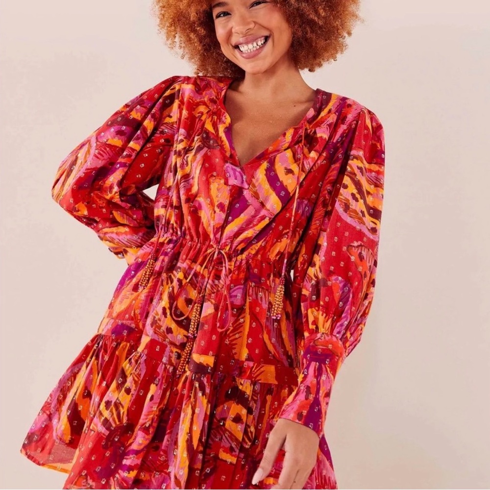 Farm Rio banana juice, pink and red, tropical, long sleeve tiered, mini dress L - Picture 2 of 12